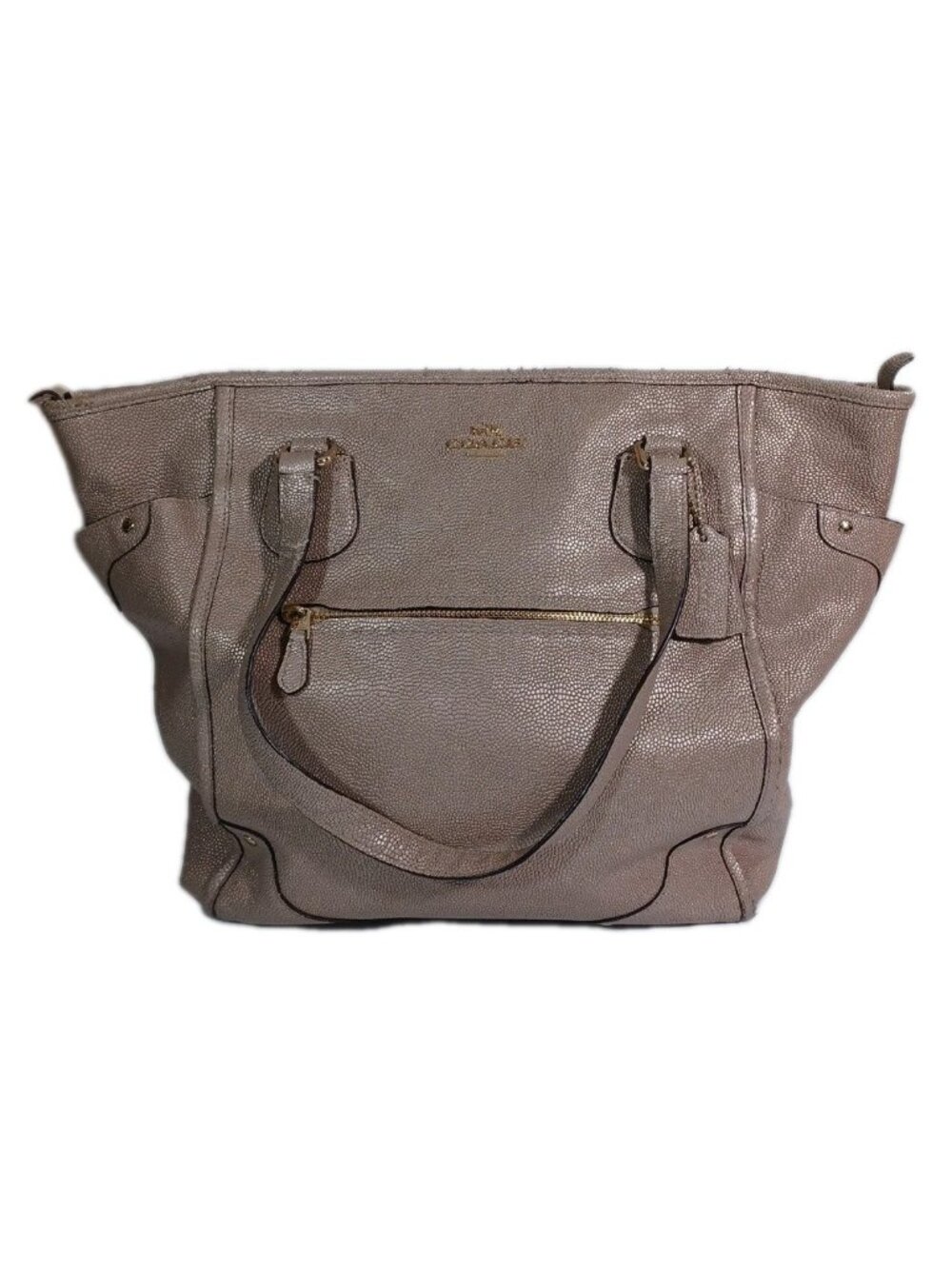 Coach Mickie 18x14 Zipper Pebbled Leather Tote Metallic Taupe Gold Hardware - Picture 7 of 16